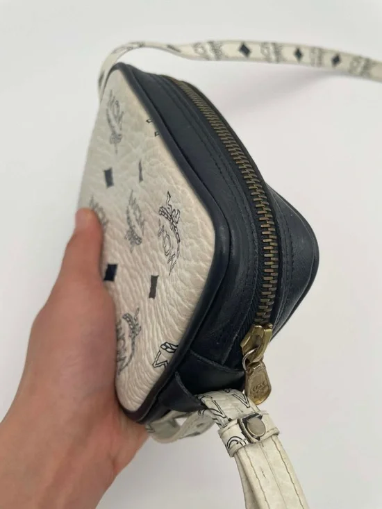 MCM Cream and Black Logo Crossbody with Gold Plaque - Picture 7 of 11